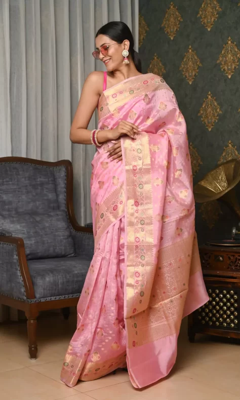 Pink Banarasi Silk Saree With Double Blouse