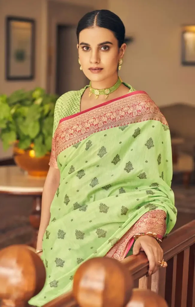 12. The Trendy Paris Green Silk Saree: 