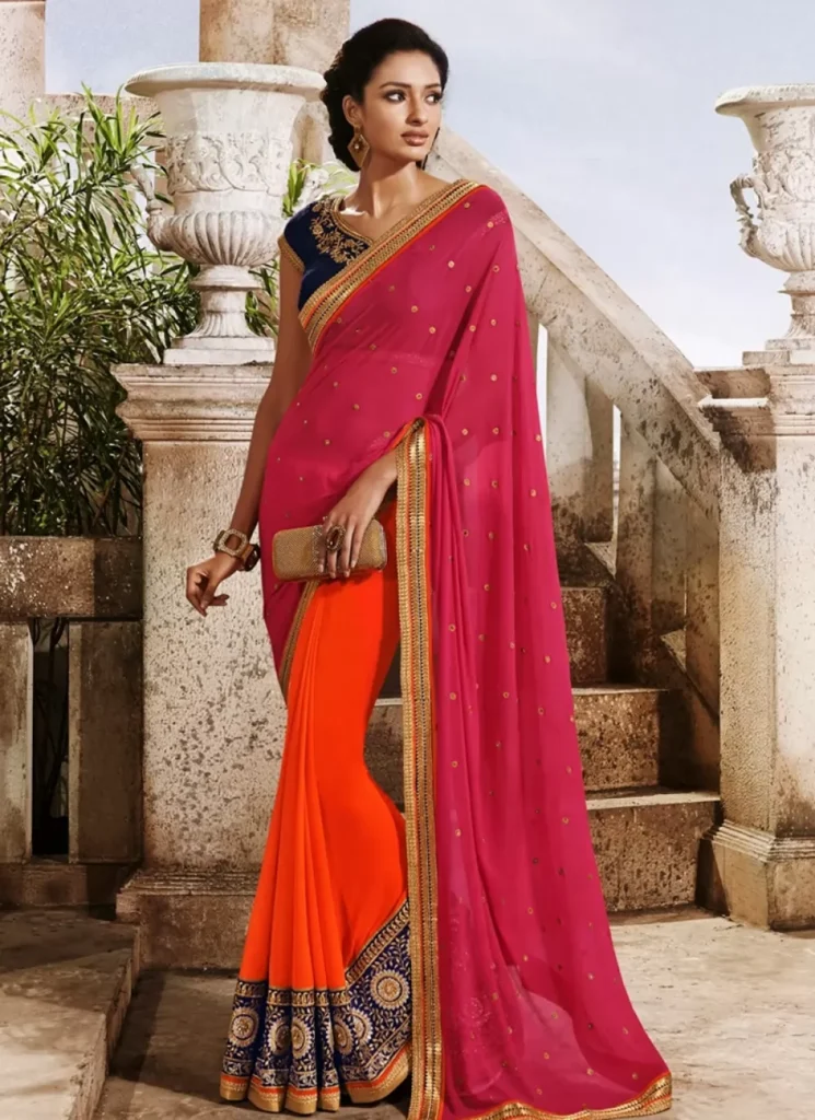 2. The Enchanting Orange and Peach Silk Half and Half Saree with Designer Blouse: 